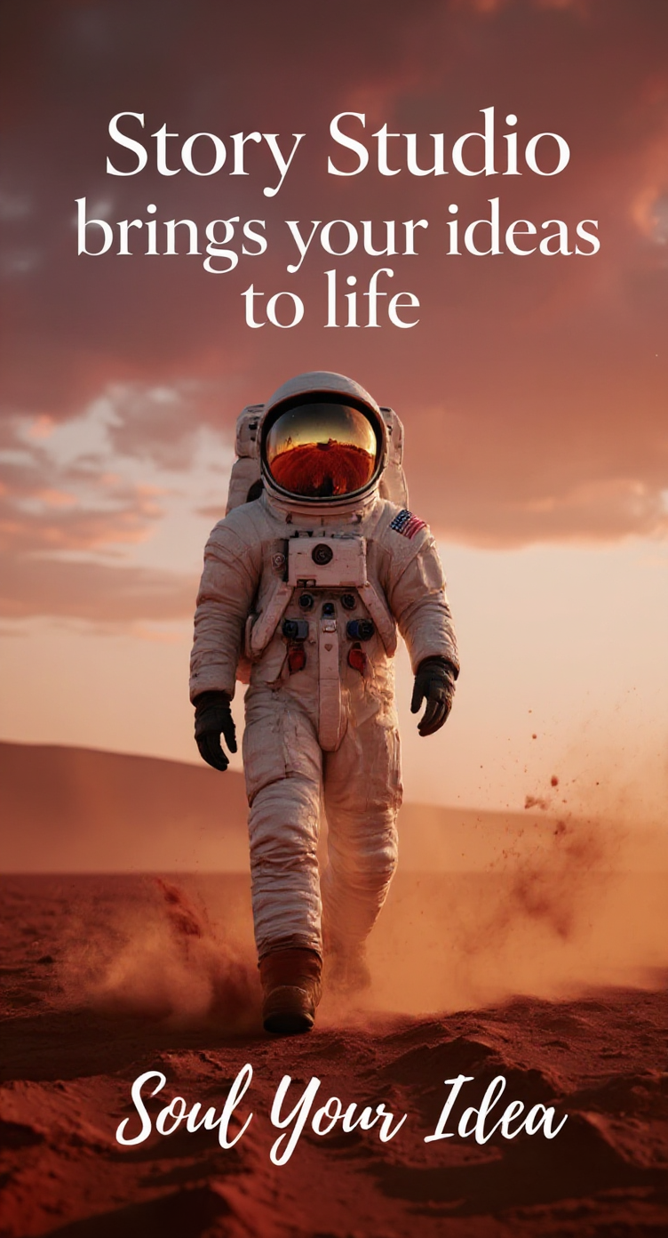 Astronaut walking on a cinematic planet with Soul Your Idea tagline